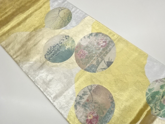 引箔螺鈿丸文に牡丹・菖蒲・梅模様袋帯